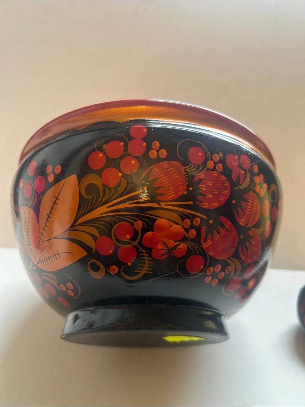 Hand-Painted Red and Black Decorative Serving Bowl with Spoon